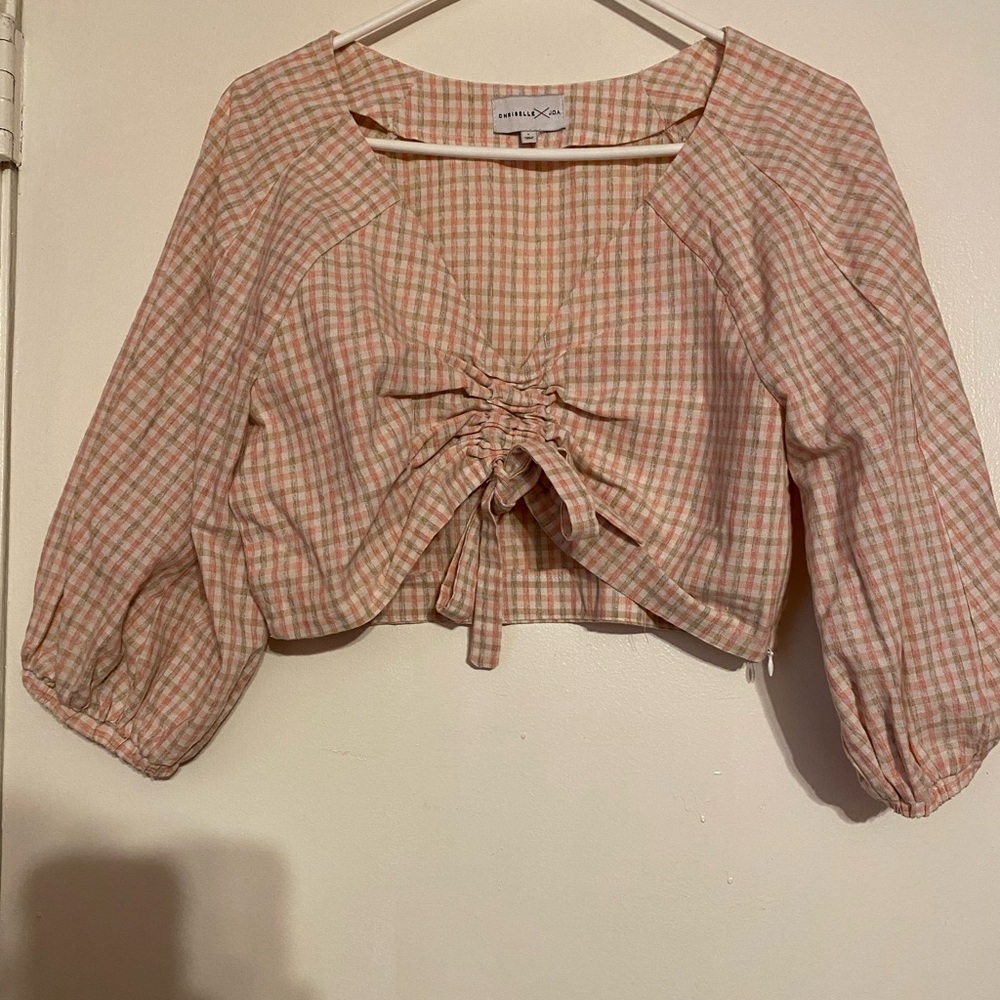 J.O.A. Pink Checkered Ruched Blouse